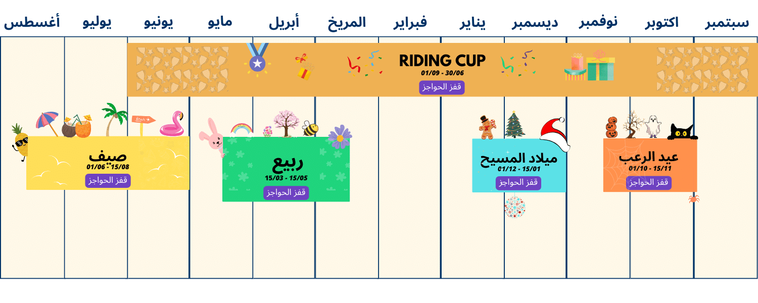 جدول Equi-rider: Riding Cup، Safe HP Challenge، بالإضافة إلى تحديات هالوين وعيد الميلاد والربيع والصيف.